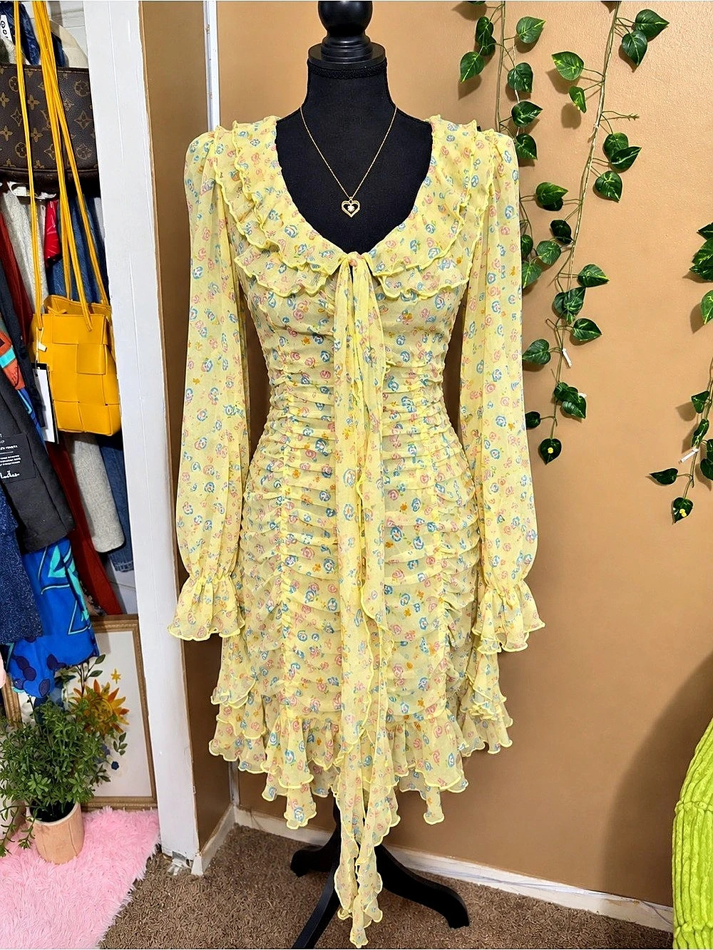 Alessandra Rich Yellow Floral Silk Long Sleeved Mini Dress Yellow & Blue Size 42